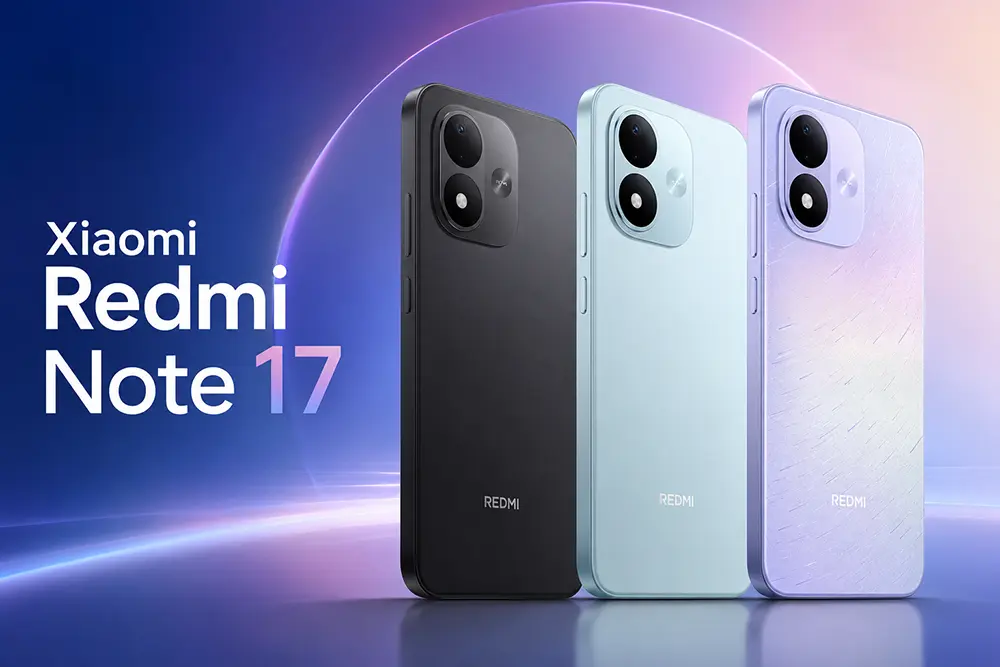 Xiaomi Redmi Note 17 у чорному, блакитному та фіолетовому кольорах на сучасному футуристичному фоні